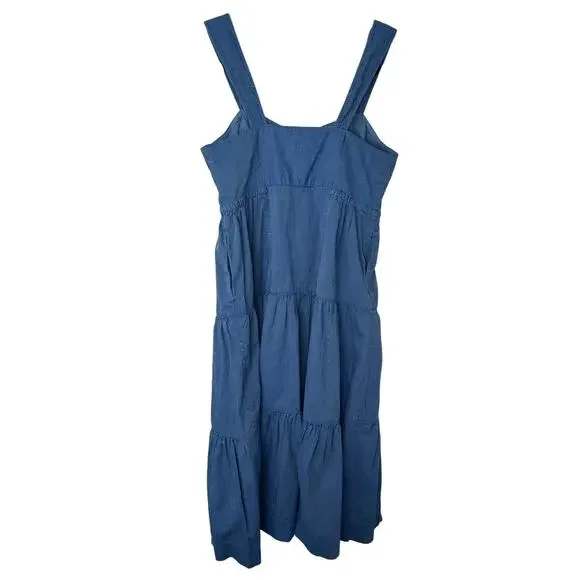 Madewell Tiered Button Front Midi Dress Blue Stripe Cotton 4P Petite Cottage - Picture 4 of 14